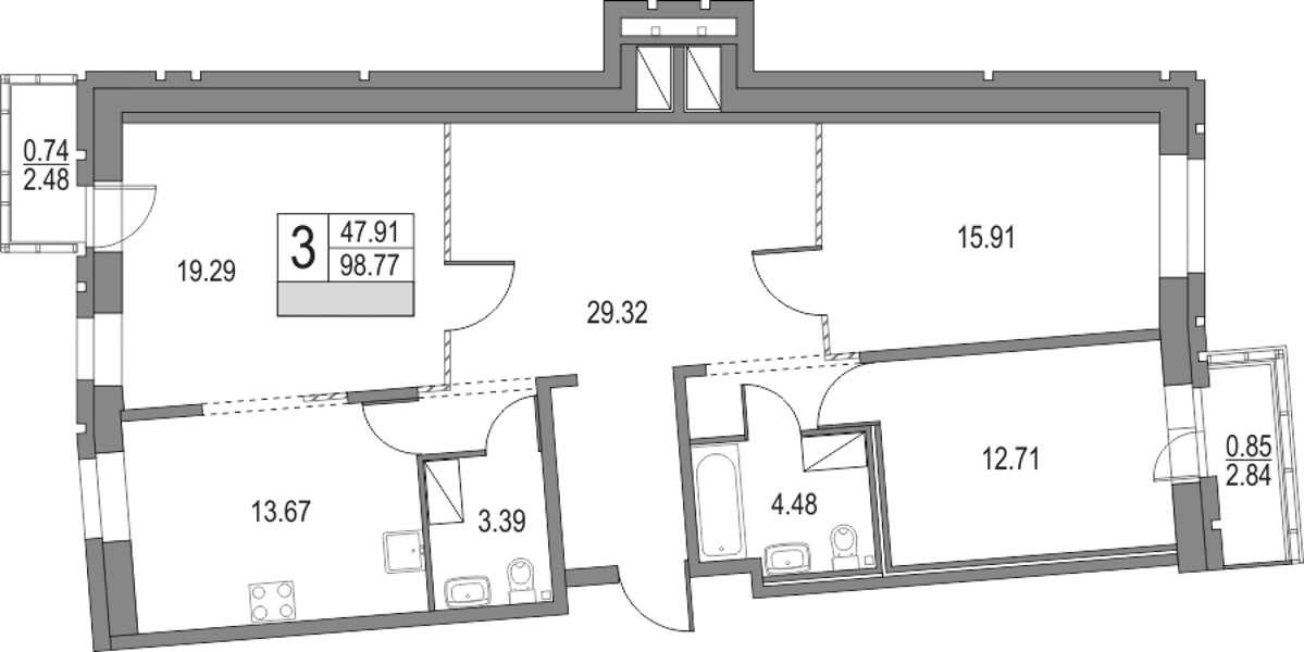 3-комнатная квартира 100.36 м², 19/19 эт., ЖК «Приморский квартал»